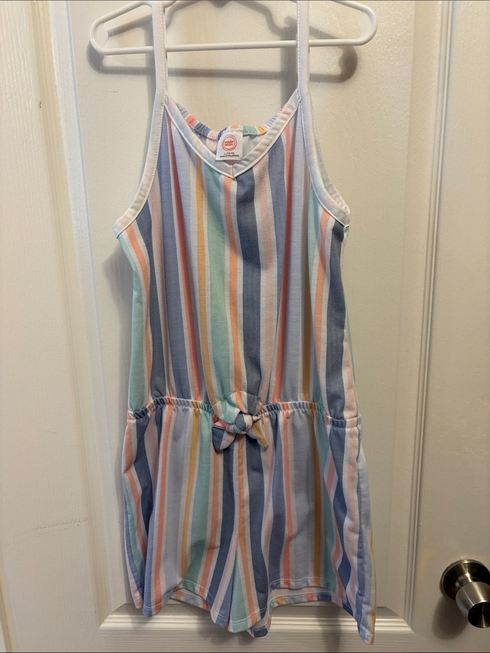 wonder nation Pastel Multi-Stripe Sleeveless Romper with Waist Tie